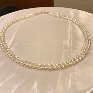 Genuine White Silvery Double Strand Pearl Necklace